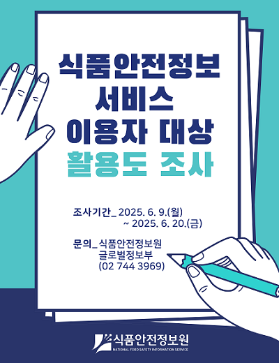 [식품안전정보 서비스 이용자 대상 활용도 조사]  ○ 조사기간 _ 2025. 6. 9.(월) ~ 2025. 6. 20.(금)  ○ 문의 _ 식품안전정보원 글로벌정보부(02 744 3969)